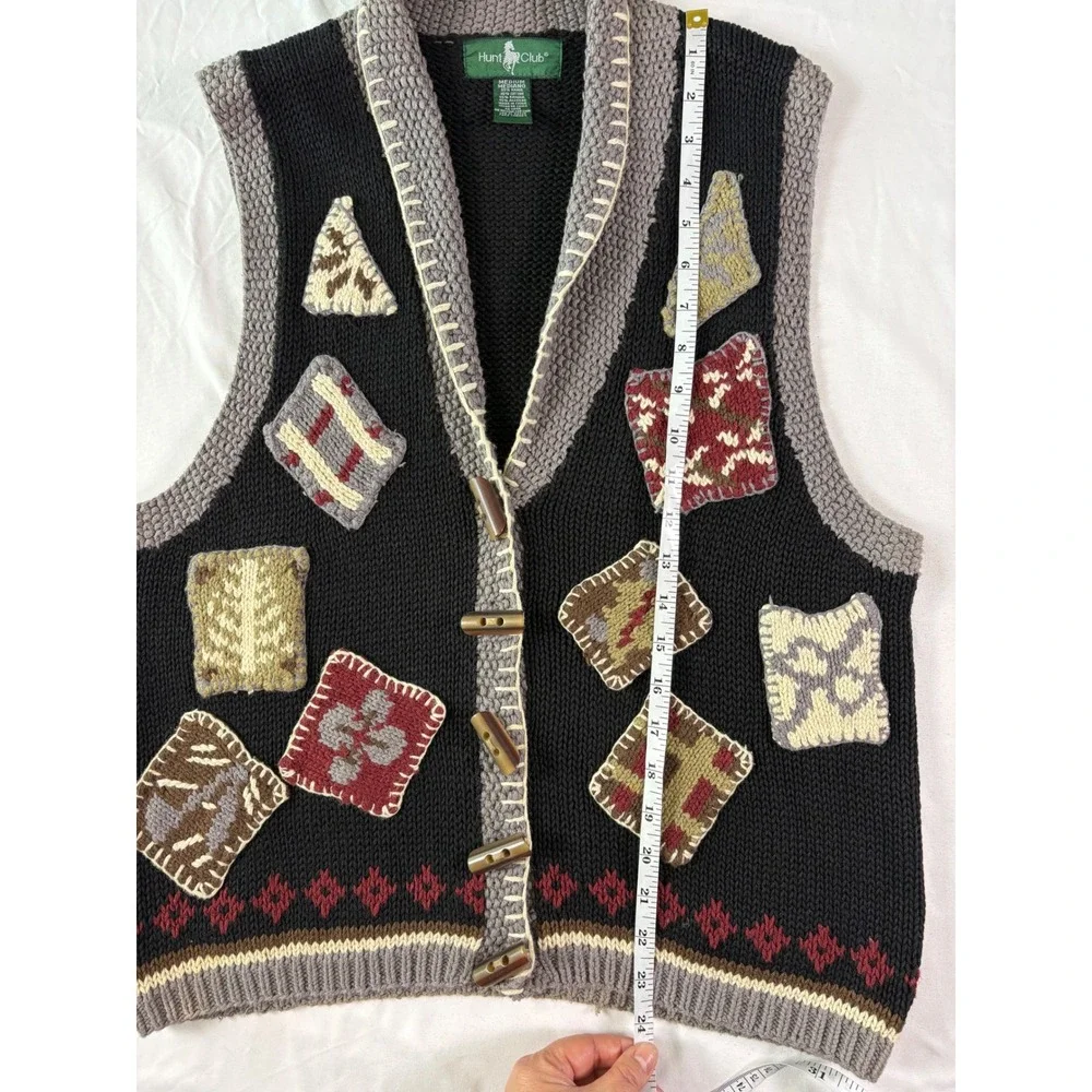 Vintage 90s Hunt Club Patchwork Sweater Vest Womens M Toggle Grannycore Boho Y2K
